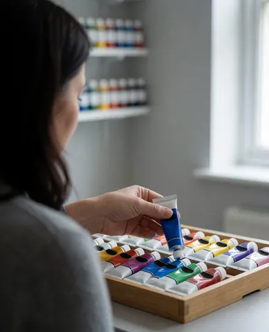 A woman selects a blue paint tube in an art studio with supply shelves and natural light from a window