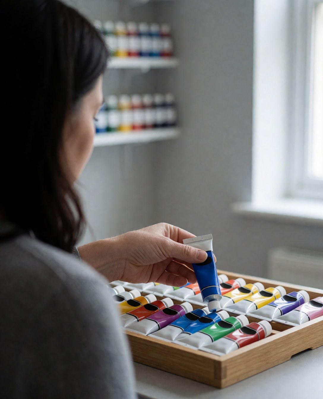 A woman selects a blue paint tube in an art studio with supply shelves and natural light from a window