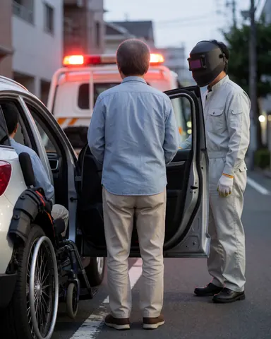 A tow truck driver helps a customer in a wheelchair on a city street at dusk with visible red lights.