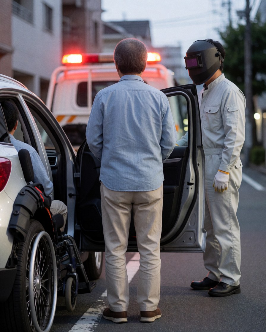 A tow truck driver helps a customer in a wheelchair on a city street at dusk with visible red lights.
