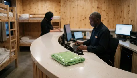 Hostel reception desk featuring a karate bed, staff working on a computer, and wooden furniture in a service setting