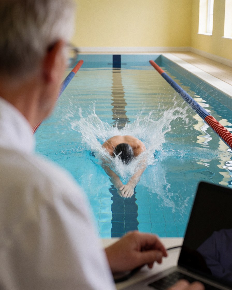 Swimming coach observes a swimmer in action with a laptop at a pool with lane lines and splash upon entry.