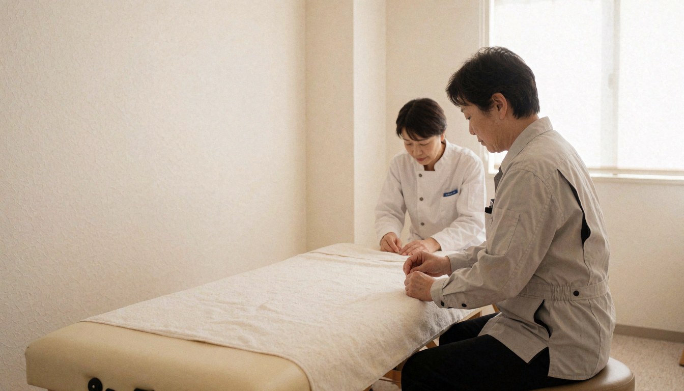 Two therapists prepare a massage table with cupping jars in a clean, well-lit room ready for treatment