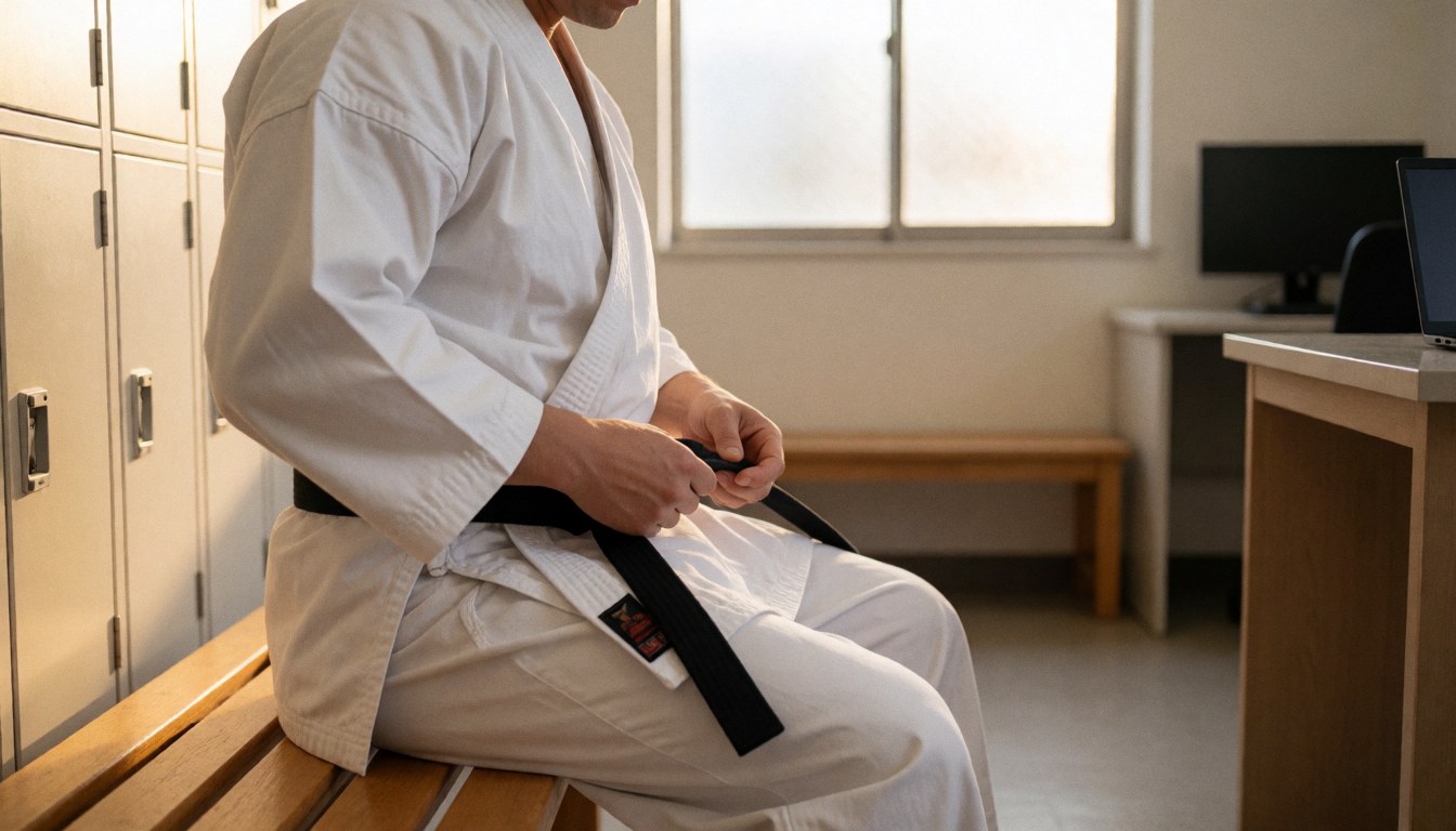 Person in white gi tying black belt in locker room with lockers and natural light