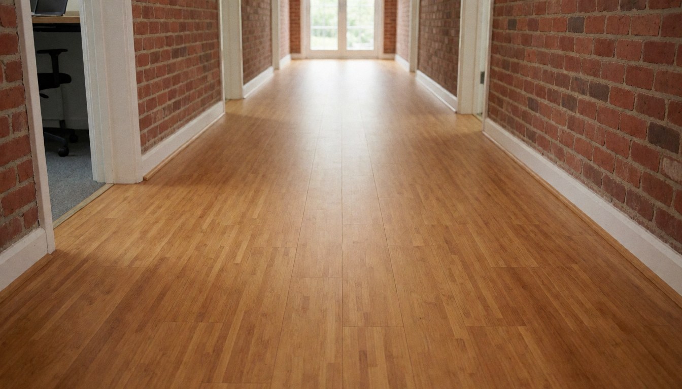 Long hallway featuring newly installed bamboo flooring and exposed brick walls, showcasing modern interior design and natural light.