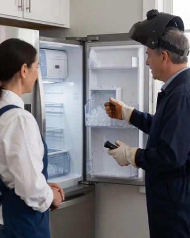 Technician showing how an ice maker works to a customer in a modern kitchen with the refrigerator door open.