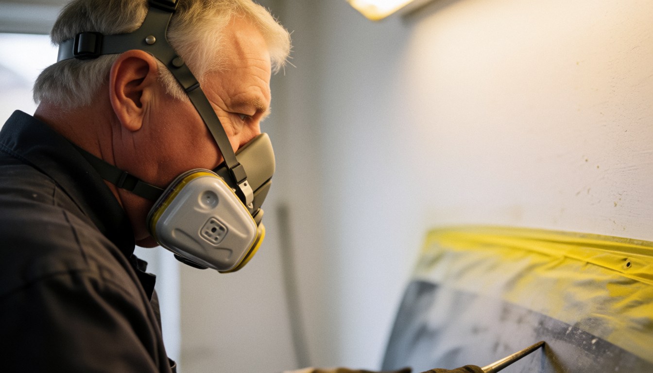 Professional auto painter wearing a respirator mask while working on a car body panel in a workshop with yellow protective cloth and white wall.