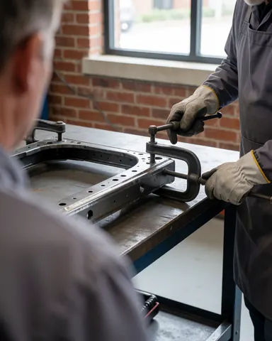 Technician adjusting a C-clamp on a metal framework in an industrial workshop with red brick walls