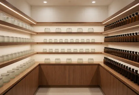 Clean modern storage area with wooden shelves holding facial hydration product jars, suitable for spa or beauty center interiors