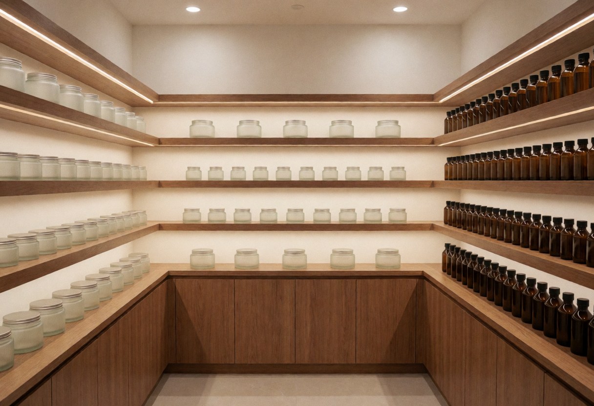 Clean modern storage area with wooden shelves holding facial hydration product jars, suitable for spa or beauty center interiors
