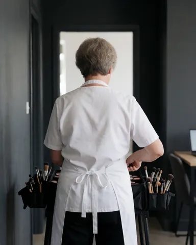 Back view of a professional makeup artist organizing a portable makeup kit with brushes in a hallway with gray walls.