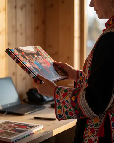 A person wearing traditional clothing looks through a photo album in an office with light wood walls and natural light.
