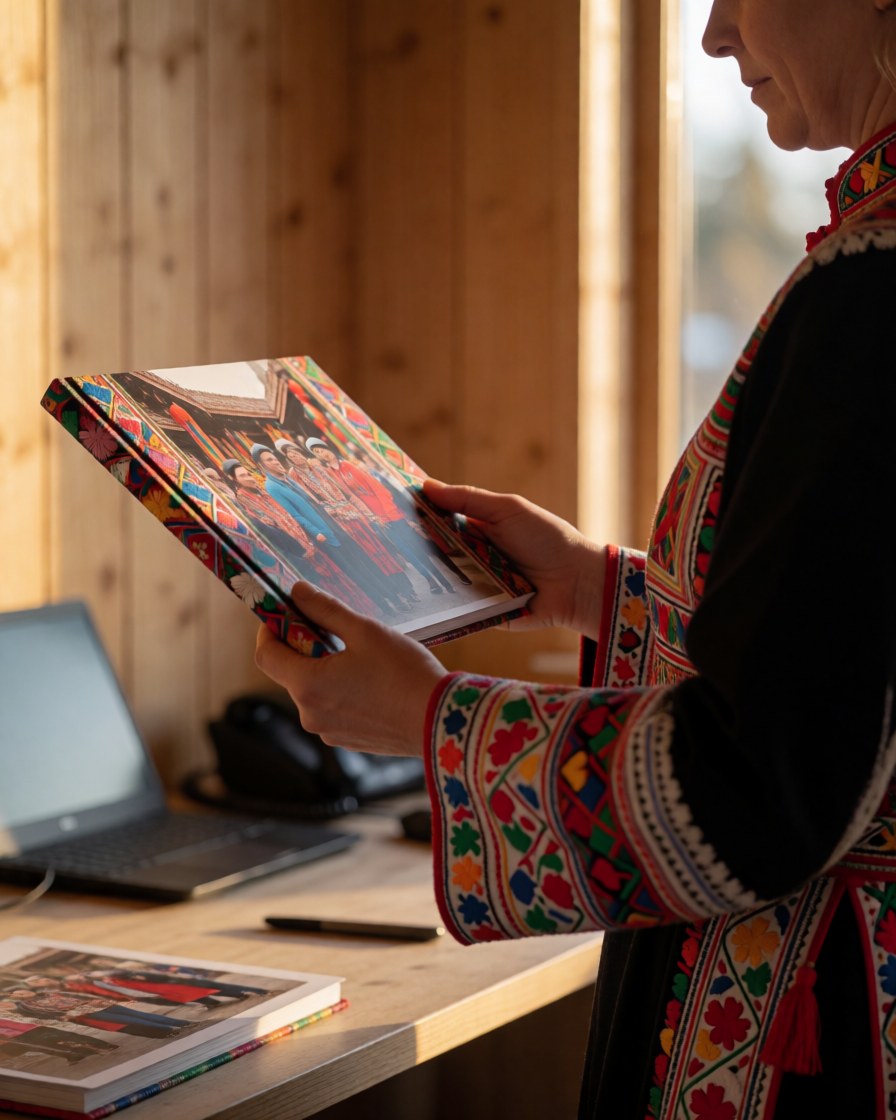 A person wearing traditional clothing looks through a photo album in an office with light wood walls and natural light.