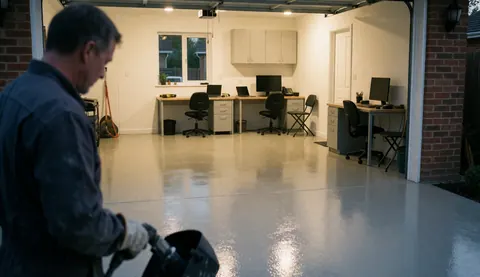 A spacious garage featuring a polished concrete floor, hand tools, and warm ambient light ready for ongoing home improvement projects.