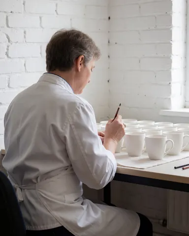 An adult paints white mugs in a craft workshop with a white brick wall and natural light