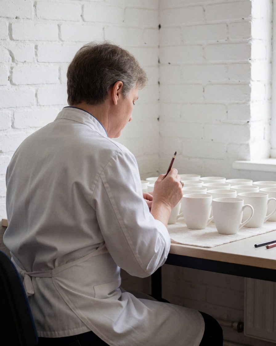 An adult paints white mugs in a craft workshop with a white brick wall and natural light