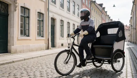 Helmeted bicycle taxi driver navigating a cobblestone street with historic buildings and an empty seat ready for tourists