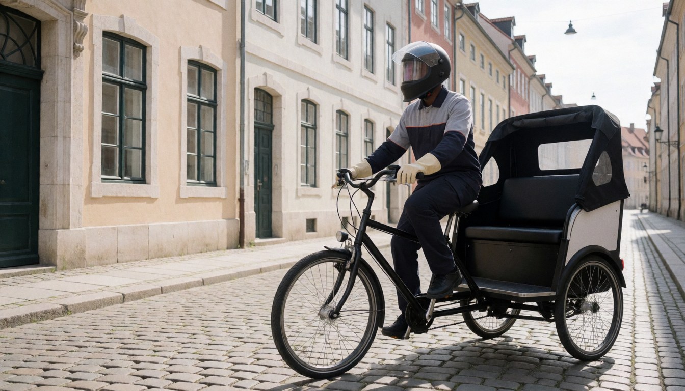 Helmeted bicycle taxi driver navigating a cobblestone street with historic buildings and an empty seat ready for tourists