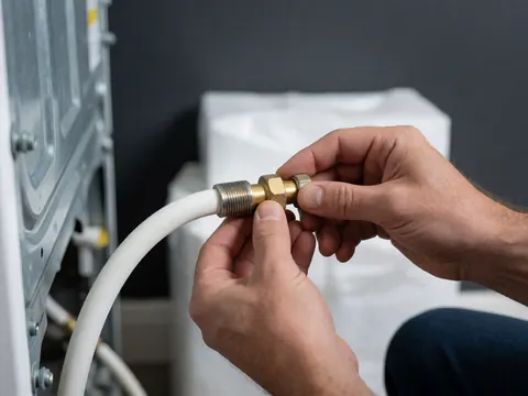 Close-up of hands adjusting a bronze faucet on a white drain pipe connected to a washing machine against a gray wall
