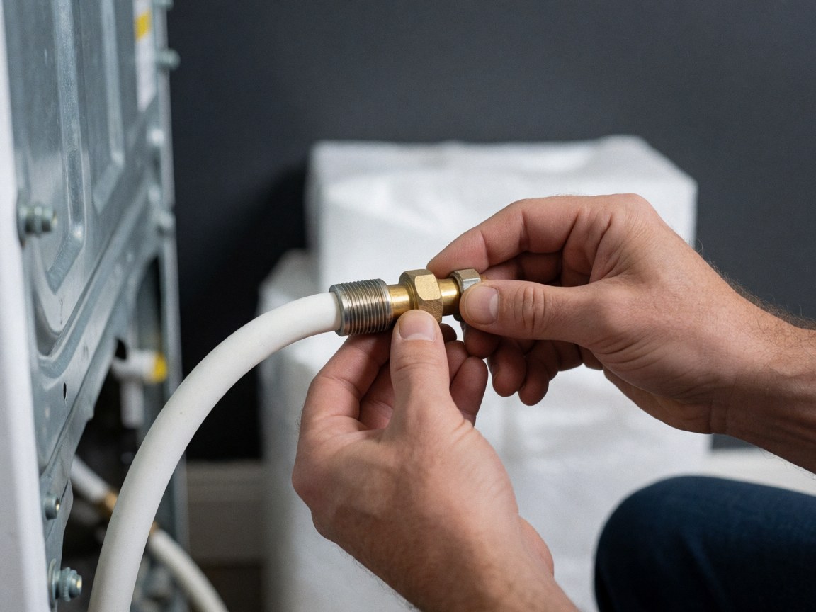 Close-up of hands adjusting a bronze faucet on a white drain pipe connected to a washing machine against a gray wall