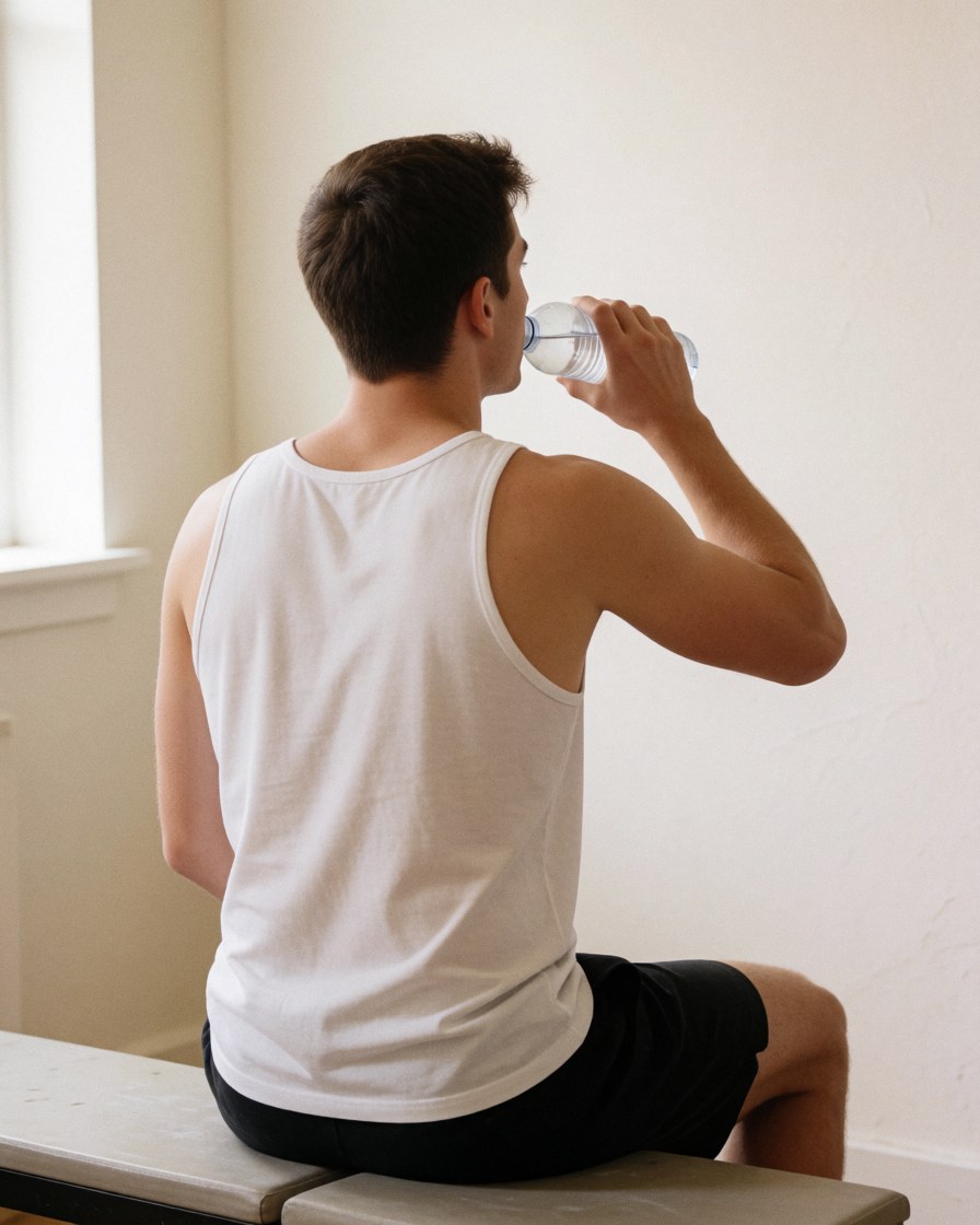 Young adult drinking water from a bottle while sitting on a gym bench with white walls, creating a calm and natural atmosphere.