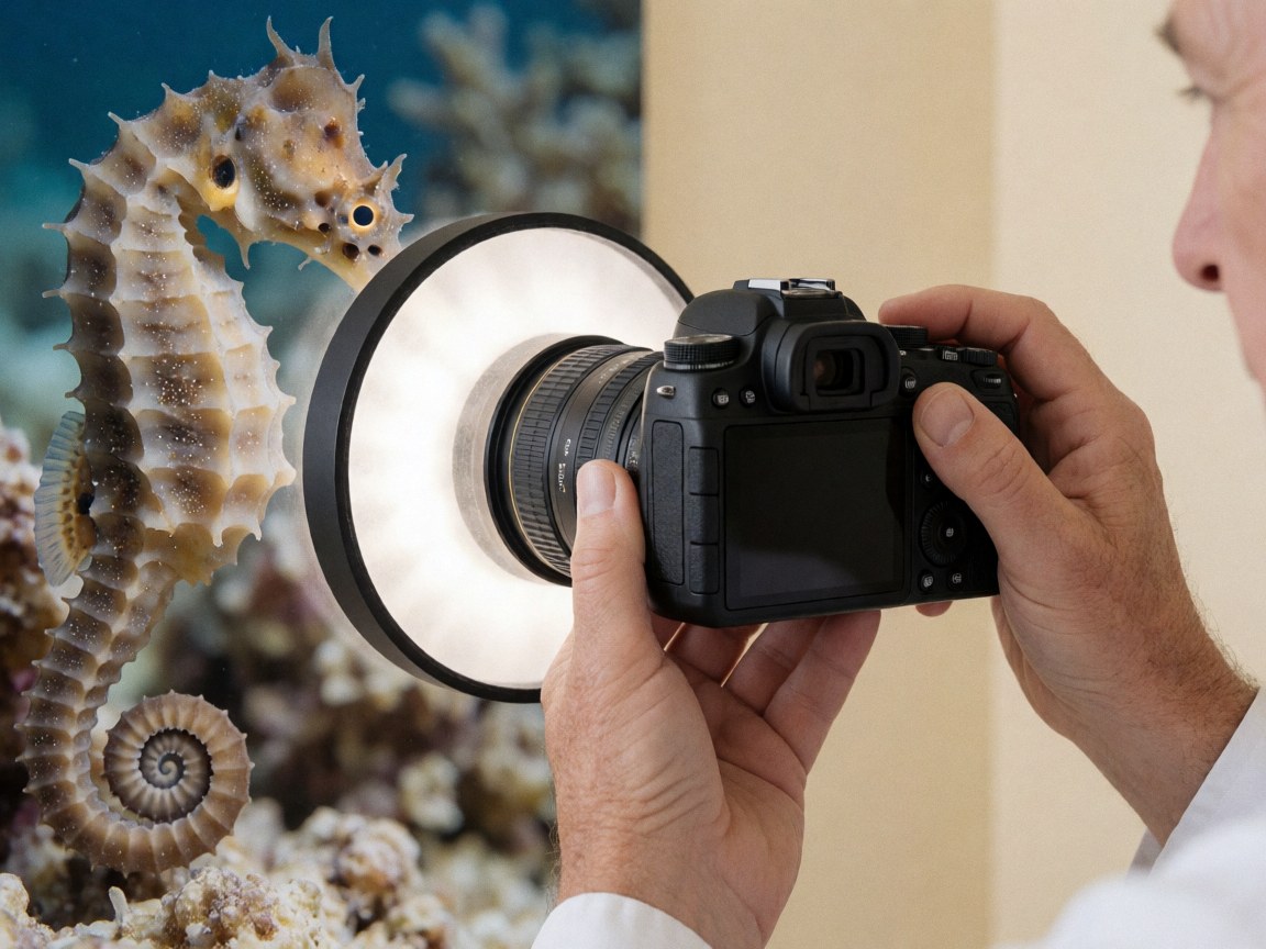 Underwater photographer holding a camera with a diffuser, capturing a seahorse in its aquatic habitat with a coral background and soft light.