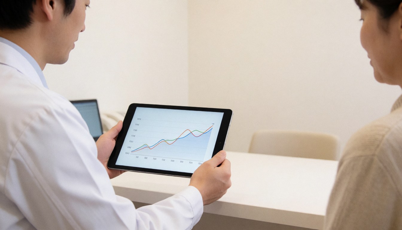 Physician displays a skin improvement graph on a tablet to a seated client in a modern clinical office.