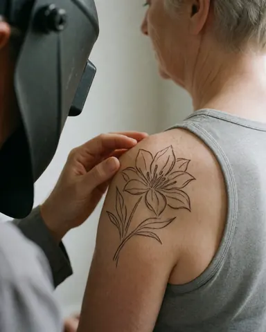 Tattoo artist with welding helmet on shoulder applying floral tattoo to client's shoulder against light gray walls