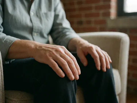 Close-up of relaxed hands resting on a chair with a brick wall background, illustrating a hypnotherapy session.