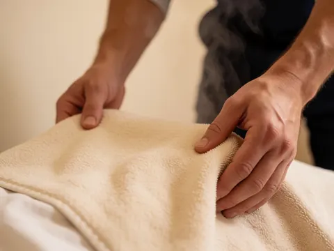 Hands placing a hot steaming towel on a neutral surface in a warm setting ideal for geriatric massage therapy