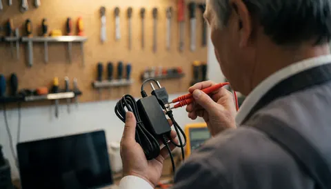 Technician inspecting a laptop charger using a multimeter in a repair workshop with a tool wall in the background