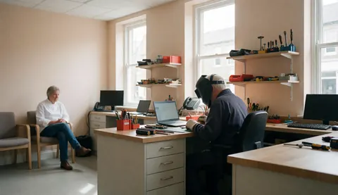 A watch repair technician works with tools on shelves while a client sits nearby in a bright beige workshop with natural light.