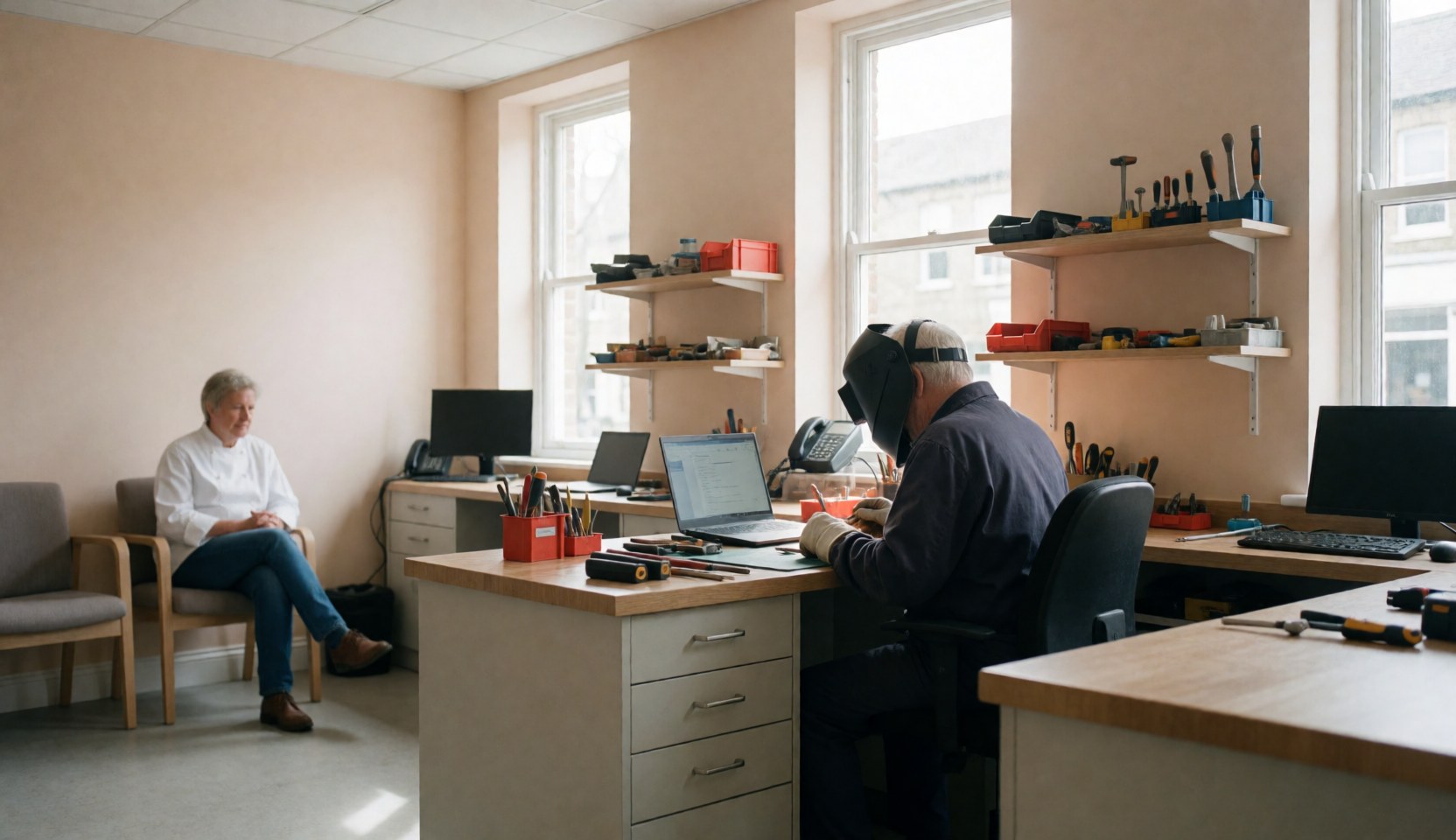 A watch repair technician works with tools on shelves while a client sits nearby in a bright beige workshop with natural light.