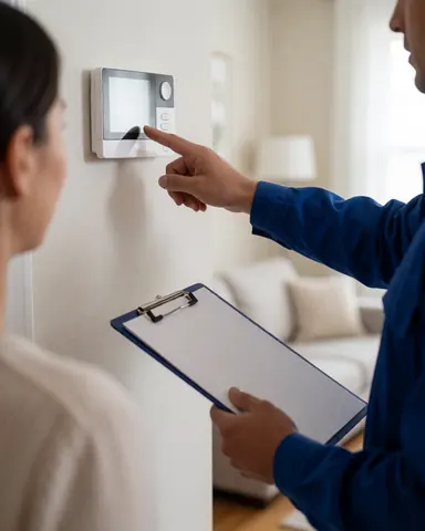 Technician in blue uniform installs digital thermostat on wall while client observes with clipboard during heating service