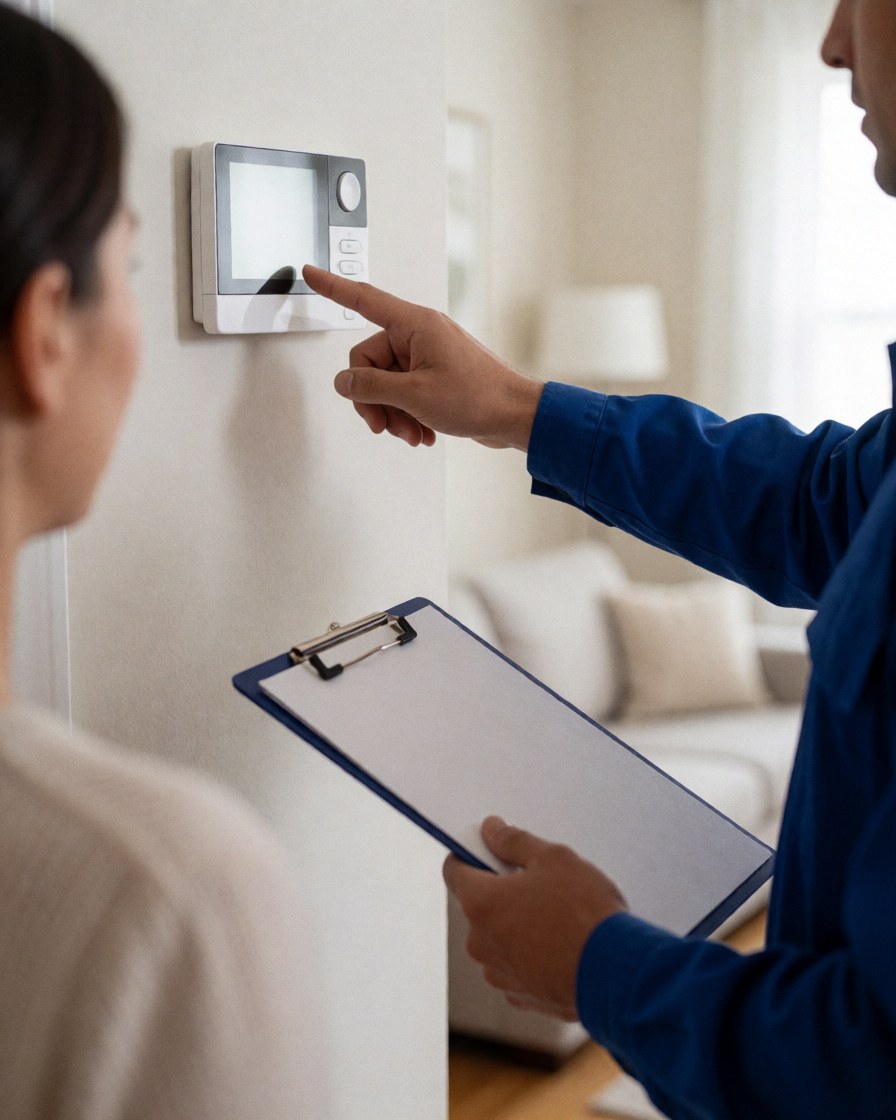 Technician in blue uniform installs digital thermostat on wall while client observes with clipboard during heating service