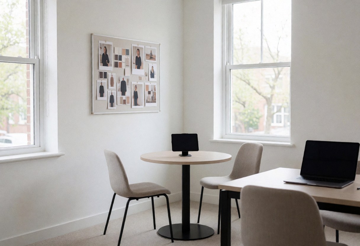 White wall featuring a fashion mood board with outfit photos above a round table and chairs, suitable for style consultations