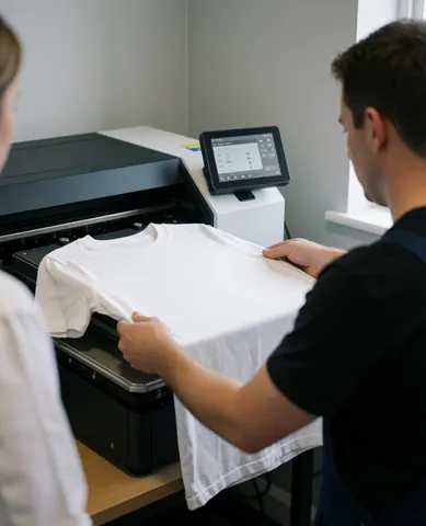 Technician placing a white t-shirt into a direct-to-garment printer with an active control panel in a textile printing workshop