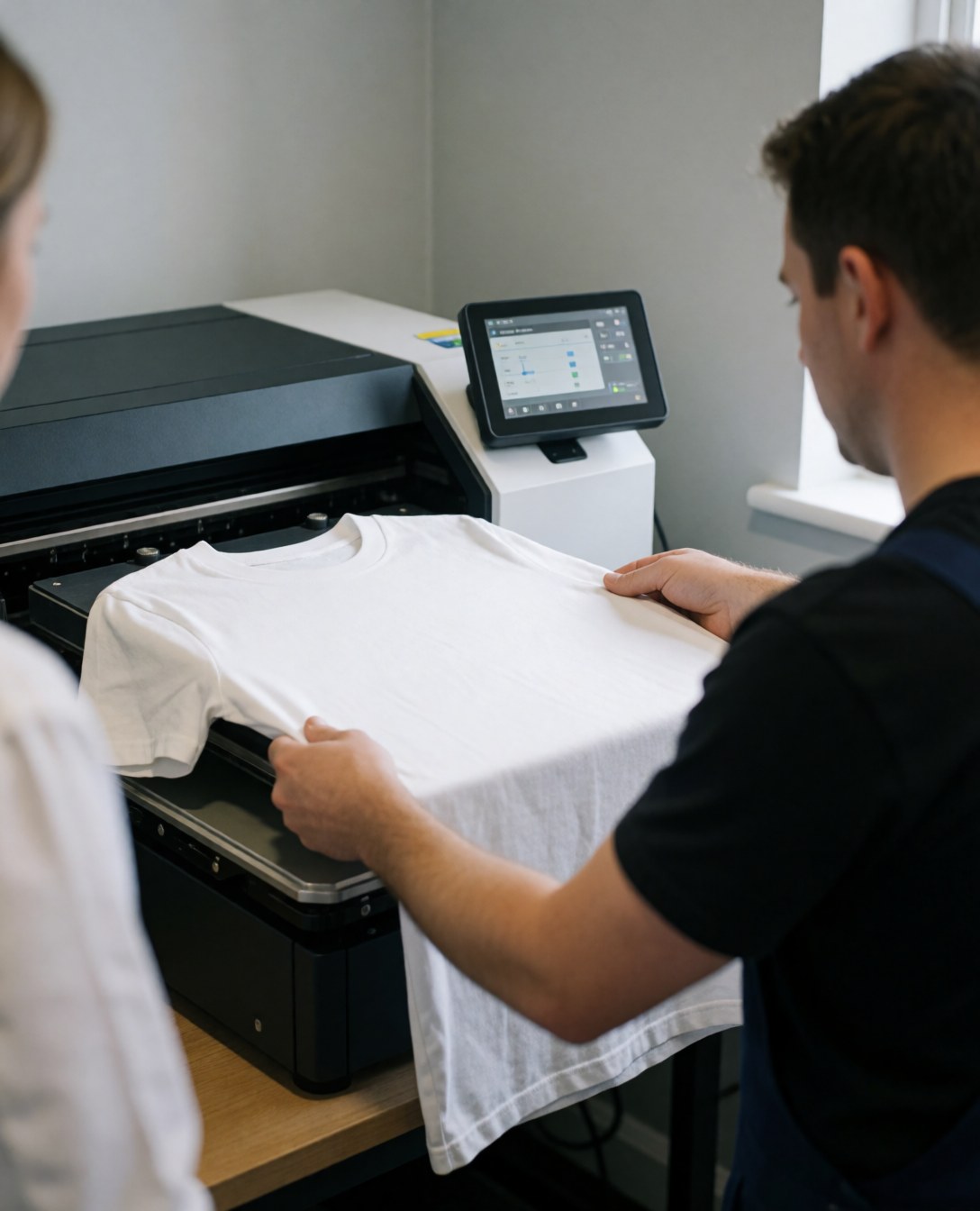 Technician placing a white t-shirt into a direct-to-garment printer with an active control panel in a textile printing workshop