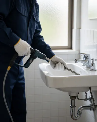 Plumber wearing white gloves uses a drill to clear a clogged pipe under a white sink with visible metal pipes