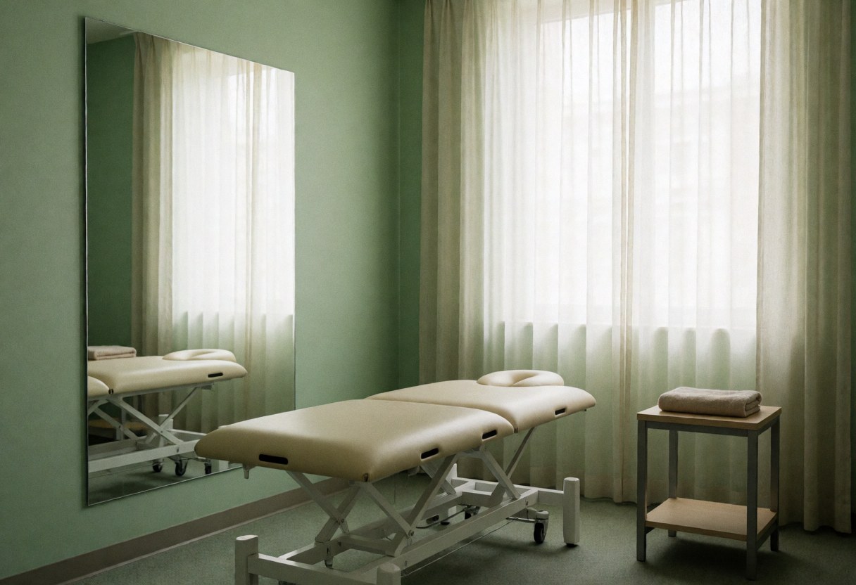 Adjustable treatment bed in a green-walled physiotherapy room with a large mirror, curtains, side table, and towel.