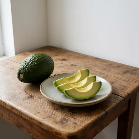 Whole avocado and slices on ceramic plate over rustic wooden table with natural light and white wall, ideal for rural lodging