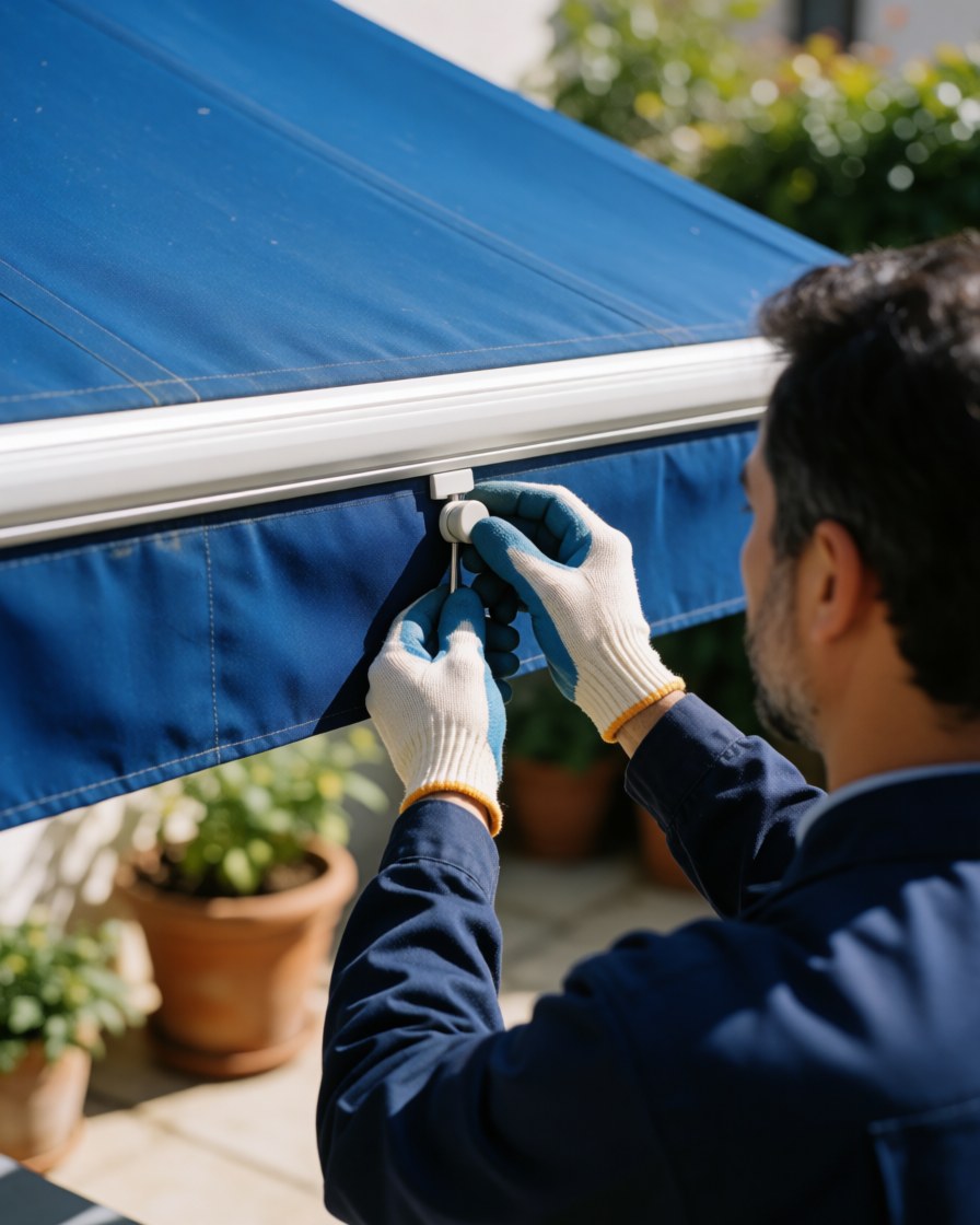 Technician adjusting a blue awning guide rail in an outdoor patio area with plants, demonstrating professional awning installation service.