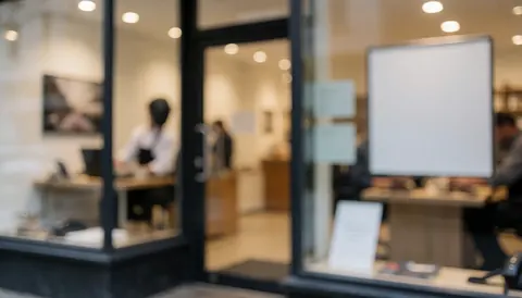 Soft focus background of a shop entrance featuring work tables, suitable for business text overlays in a professional setting.
