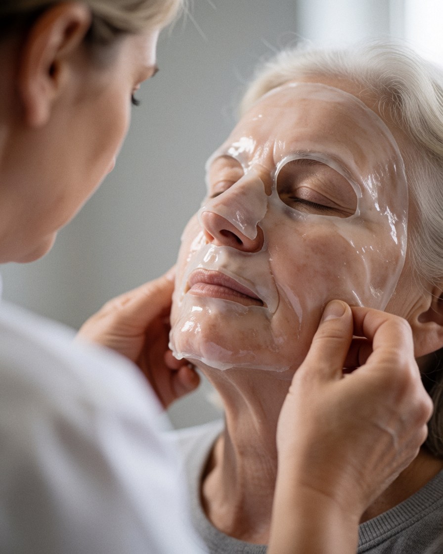 A professional applies a clear hydrating mask to a relaxed senior client's face in a softly lit spa setting.