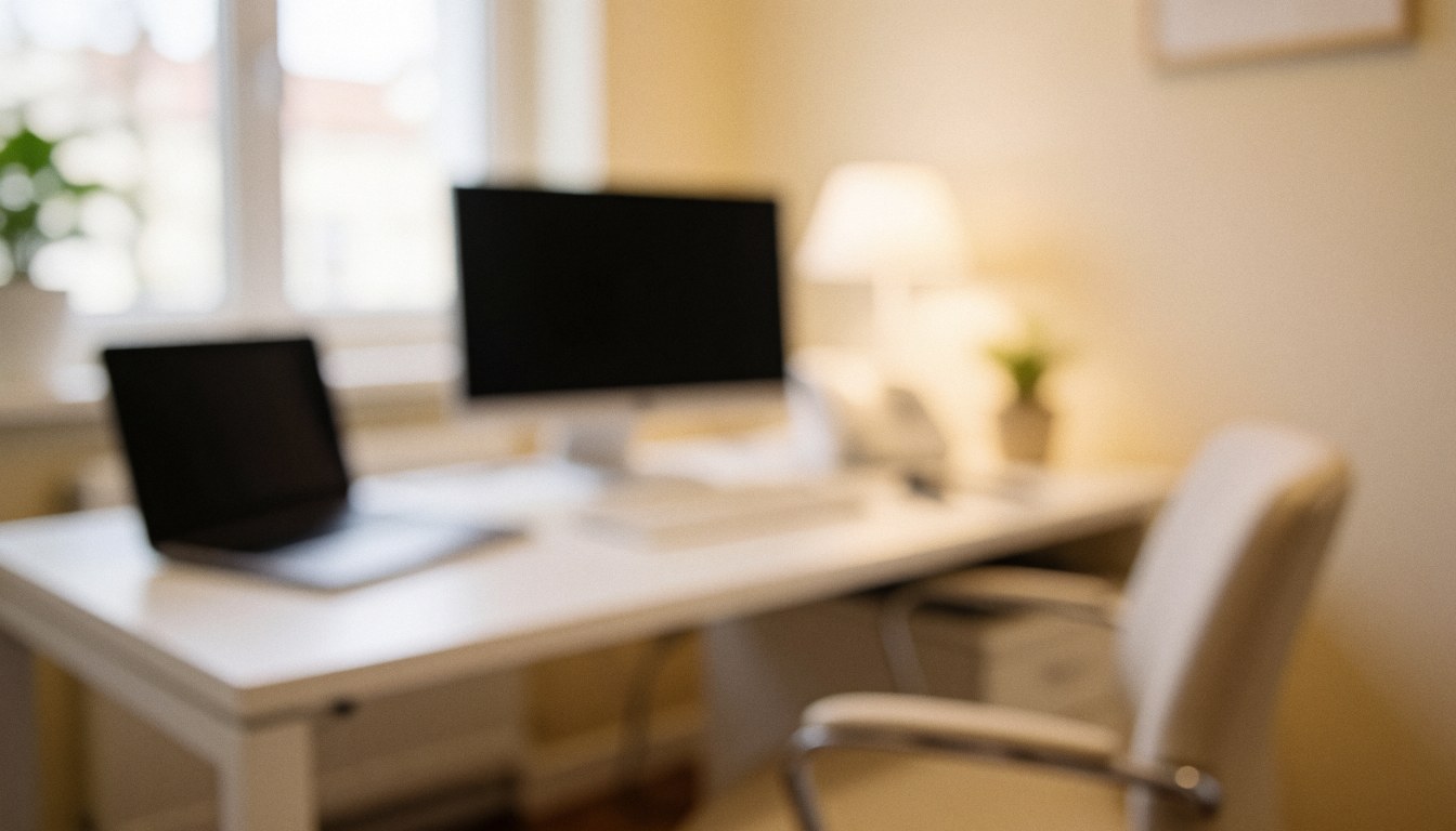 Bright consultation room featuring a white desk, computer monitor, chair, and natural light, suitable for acne treatment services