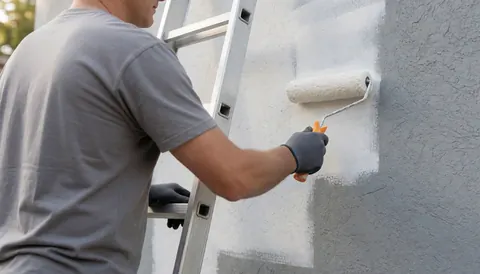 Professional painter using a roller to apply white paint on a gray stucco wall while standing on a metal ladder