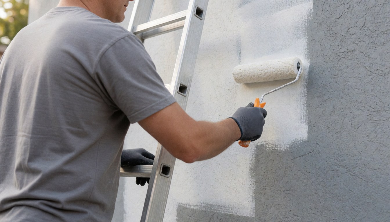 Professional painter using a roller to apply white paint on a gray stucco wall while standing on a metal ladder