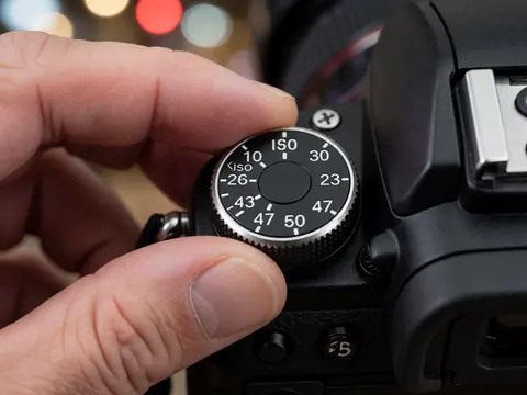 Close-up of fingers turning the ISO dial on a camera body with a blurred background of lights