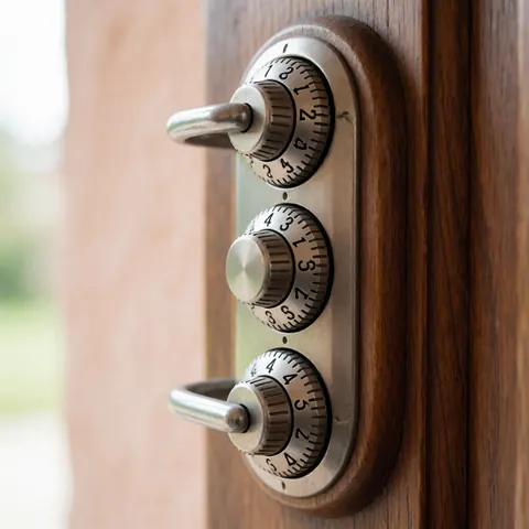 Close-up of a wooden combination lock featuring three metallic dials, designed for secure storage and protection.