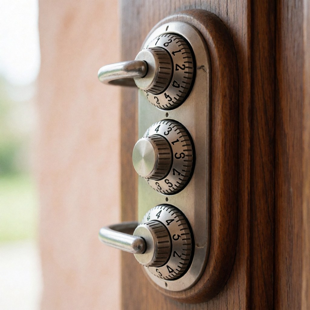 Close-up of a wooden combination lock featuring three metallic dials, designed for secure storage and protection.